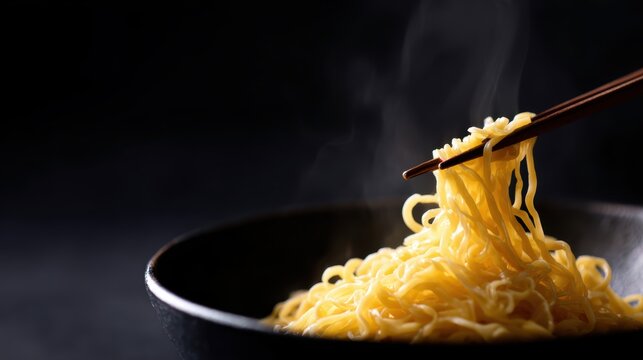 Steaming noodles being picked up with chopsticks on black background, selective focus, Asian noodle dishes from Korea, Japan, China, Vietnam, junk food concept