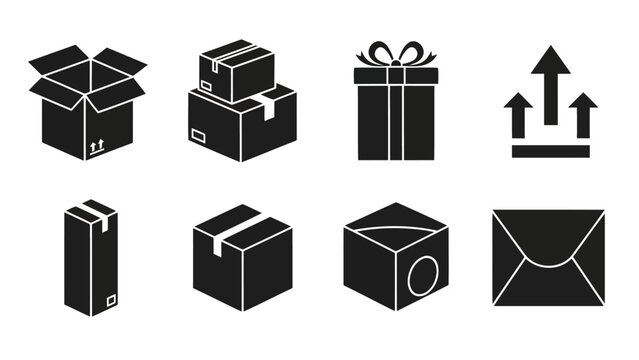 Minimalist black vector icons shipping boxes gift mail and upload symbols EPS10 Stock.eps