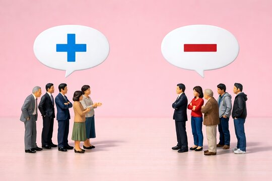 賛成と反対の意見が対立する様子を人物フィギュアとプラスマイナス記号で表現した社会的議論