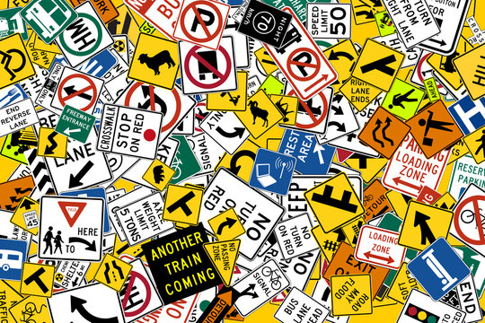 Background of US standard road signs scattered randomly with various shapes
