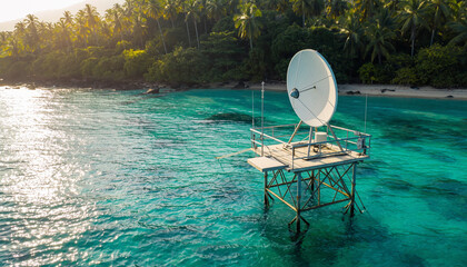 A satellite dish platform is floating in turquoise water near a lush tropical island, receiving signals.