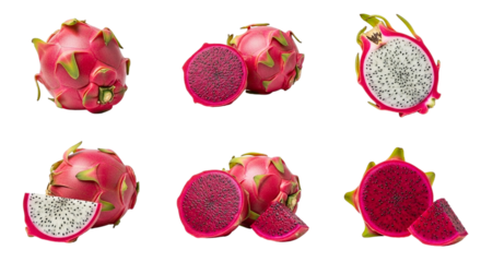 A vibrant display of dragon fruits arranged against a black background