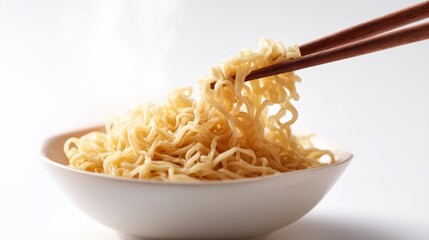 Instant ramen noodles being grabbed with chopsticks, white background, detailed and appetizing food concept