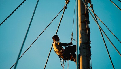 A person ascends a tall mast, secured by ropes, against a clear blue sky.
