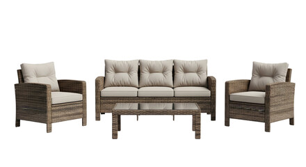 A stylish outdoor furniture set consisting of a sofa, two chairs, and a coffee table, all made of wicker with beige cushions, arranged against a black background.