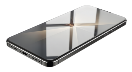 A sleek silver smartphone with a reflective surface lies on a black background, showcasing its modern design and shiny finish.