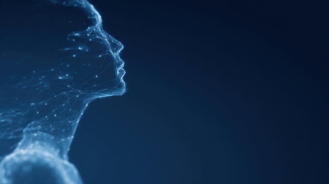Futuristic AI humanoid profile, wireframe low poly design, artificial intelligence agent concept, abstract digital tech background in blue - Powered by Adobe