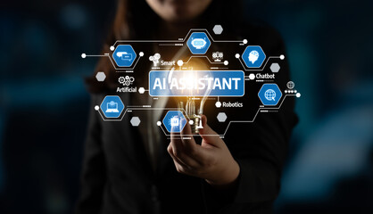 A business professional showcases a glowing light bulb, representing innovation and digital...