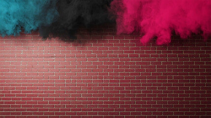 Red brick wall with vivid pink and teal smoke clouds drifting above, dramatic urban backdrop. Trendy abstract scene for events, creative campaigns, and bold copy space placement.