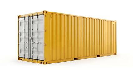 Bright Yellow Cargo Shipping Container Perspective View Isolated on White Background