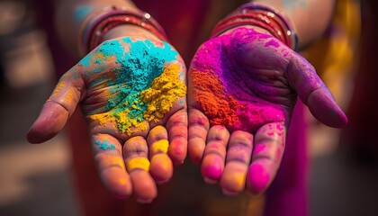 Hands Covered with Color Powder During Holi Festival
