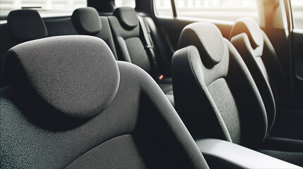 Modern car interior with comfortable seats and soft sunlight, clean automotive design. Concept for travel, commuting, safety, mobility services and premium transportation lifestyle.