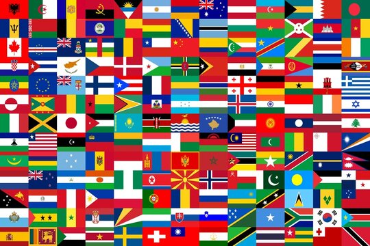 169 national state flags in a 13x13 grid arranged in strict alphabetical order