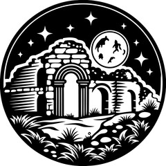 Naklejka premium Mysterious Ancient Ruins Under Starry Night Sky