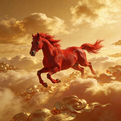 Red horse flying above golden clouds