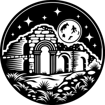 Mysterious Ancient Ruins Under Starry Night Sky