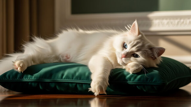 White cat lying on green cushion indoors looking relaxed