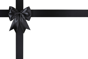 Black Bow Ribbon in Corner Isolated on White and Png Transparent Background, Clipping Path Included