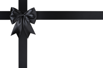 Black Bow Ribbon in Corner Isolated on White and Png Transparent Background, Clipping Path Included