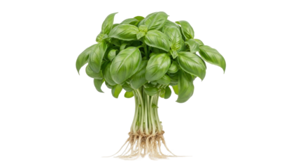 Fresh green basil bunch with roots showing, cut out, stock png, isolated on transparent background
