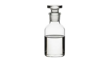 Clear glass bottle with stopper is half full of liquid, cut out, stock png, isolated on transparent background