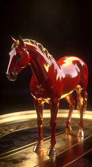 Glossy red horse statue on podium