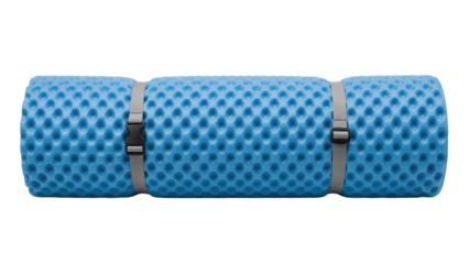 Rolled up blue sleeping pad secured with grey straps and buckles, cut out, stock png, isolated on transparent background