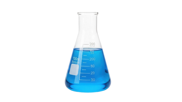 Erlenmeyer flask filled with blue liquid used for scientific experiment, cut out, stock png, isolated on transparent background - Powered by Adobe