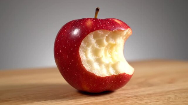 Red apple with a bite taken out resting on wooden surface  