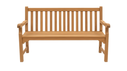 Wooden garden bench with slatted seat and back, ideal for outdoor seating, cut out, stock png, isolated on transparent background