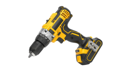 Modern yellow and black cordless electric drill power tool, cut out, stock png, isolated on transparent background