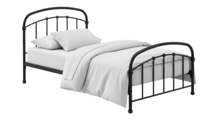 Black metal single bed with white sheets and pillows, cut out, stock png, isolated on transparent background