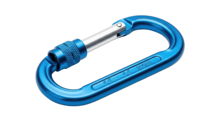 Blue metal climbing carabiner with screw lock mechanism for safety equipment, cut out, stock png, isolated on transparent background