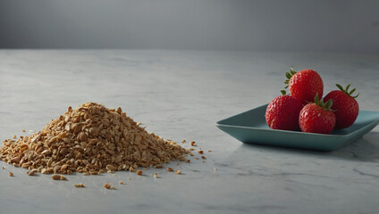 Healthy breakfast ingredients with a pile of whole grains and fresh red strawberries on a marble countertop