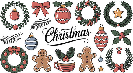 Fototapeta premium Hand Drawn Christmas Icon Set with Wreaths Ornaments Gingerbread Cookies and Holiday Elements Vector Illustration