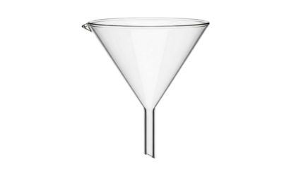 Empty clear glass laboratory funnel, cut out, stock png, isolated on transparent background