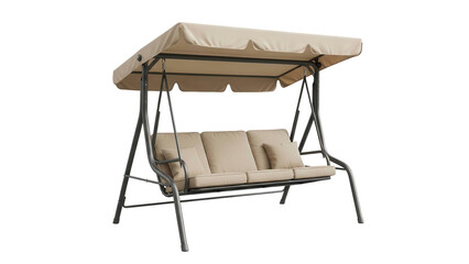 A modern outdoor patio swing with beige cushions and canopy, cut out, stock png, isolated on transparent background