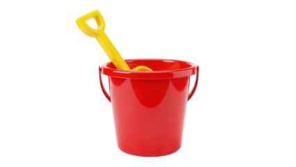 Plastic red bucket and yellow shovel toy set, cut out, stock png, isolated on transparent background