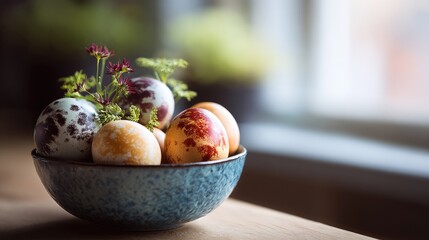 A bowl filled with decorated eggs and small green plants. The eggs have various colors and patterns, creating a festive appearance.