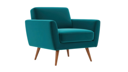 Teal upholstered armchair with wooden legs, cut out, stock png, isolated on transparent background