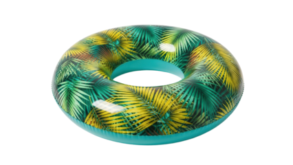 Colorful inflatable swimming ring with tropical palm leaves pattern, perfect for summer fun, cut out, stock png, isolated on transparent background