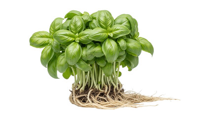 Fresh green basil plant with healthy roots, cut out, stock png, isolated on transparent background