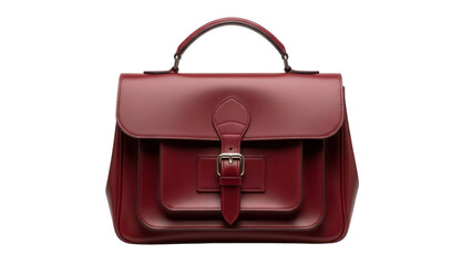 Red leather satchel bag with handle and buckle, cut out, stock png, isolated on transparent background