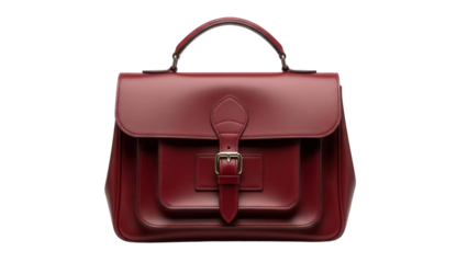 Red leather satchel bag with handle and buckle, cut out, stock png, isolated on transparent background