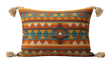 Colorful decorative pillow with geometric pattern and tassels, cut out, stock png, isolated on transparent background