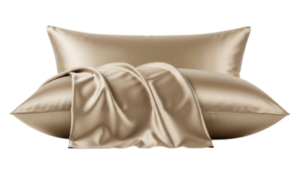 Two luxurious beige silk pillows with draped fabric, cut out, stock png, isolated on transparent background