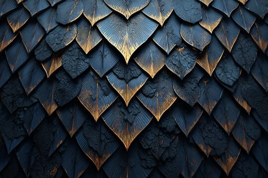 A close-up view of textured dark blue scales with golden accents, resembling a dragon's skin or an artistic representation of nature.