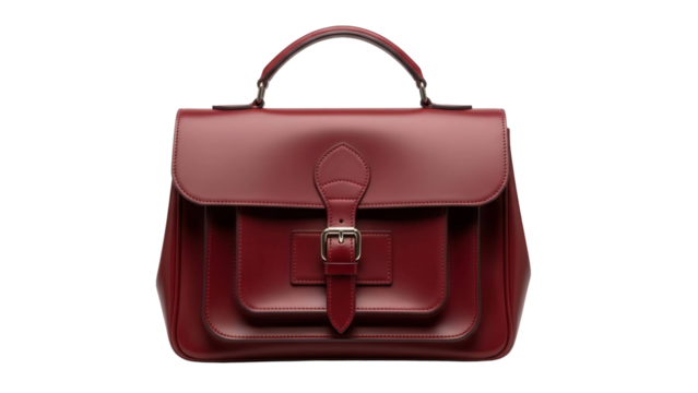 Red leather satchel bag with handle and buckle, cut out, stock png, isolated on transparent background - Powered by Adobe