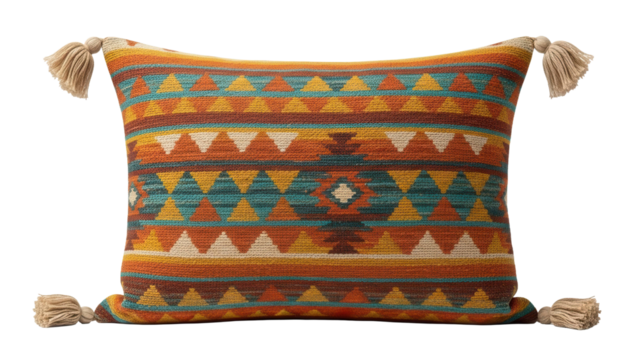 Colorful decorative pillow with geometric pattern and tassels, cut out, stock png, isolated on transparent background - Powered by Adobe