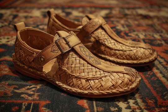 Authentic handcrafted Zapatos de charro or Mexican huaraches. Traditional tan leather sandals featuring an intricate woven pattern and buckle, placed on a classic patterned rug